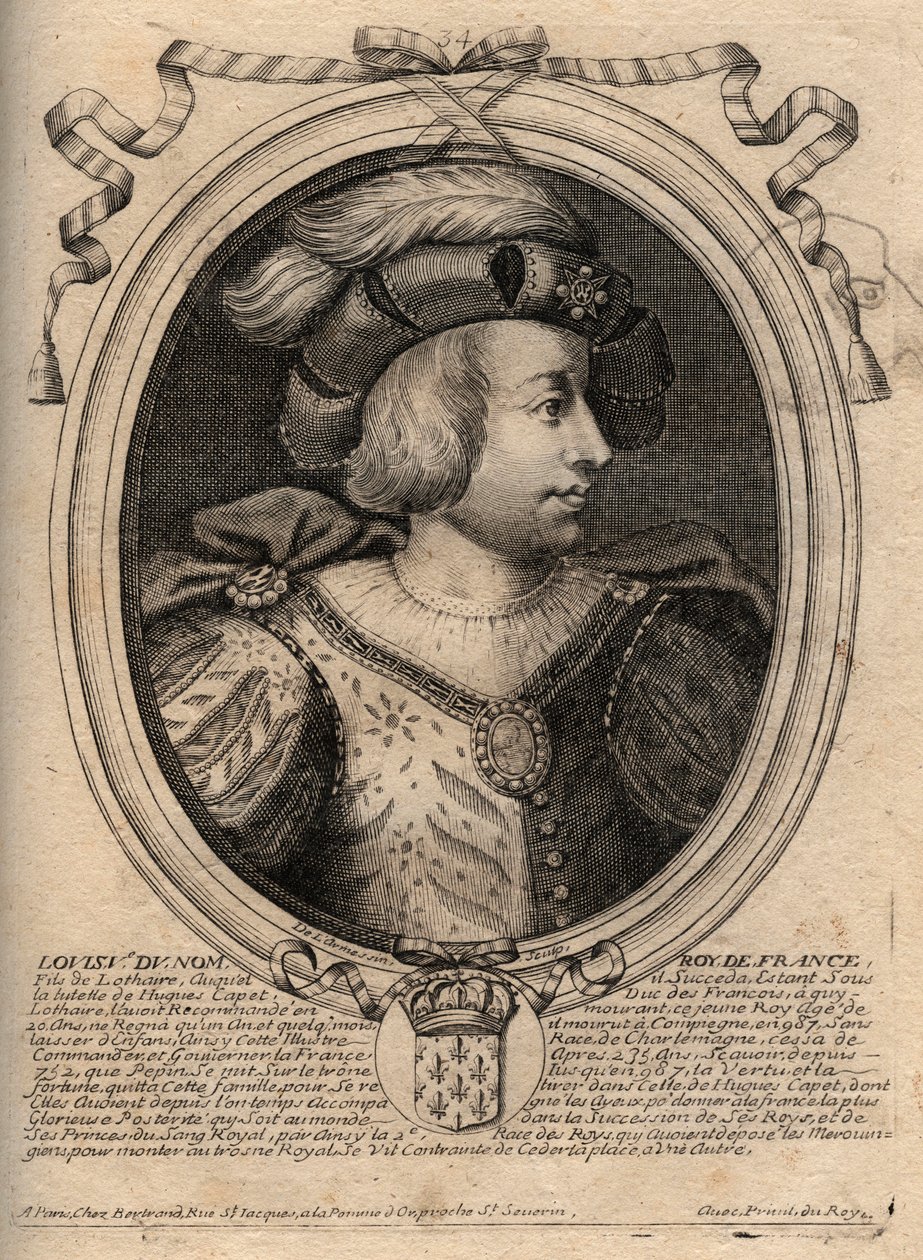 Porträt von Ludwig V. dem Faulen (967 - 987), König von Frankreich - Ludwig V. der Faule (967-987) Gravur aus 