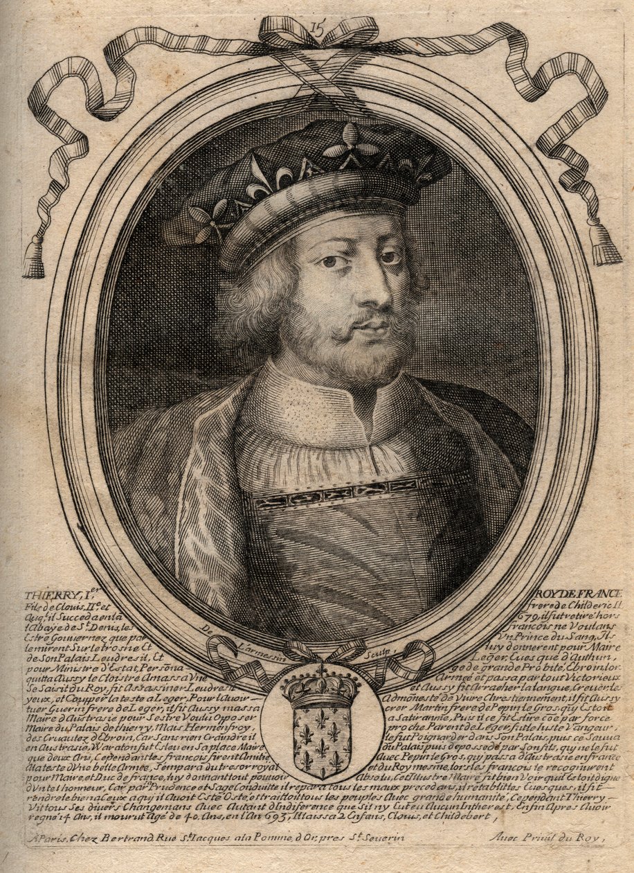 Porträt von Theuderich III. (ca. 657-691), König der Franken von Neustrien (673-675) und König aller Franken (679-691) - Gravur aus 