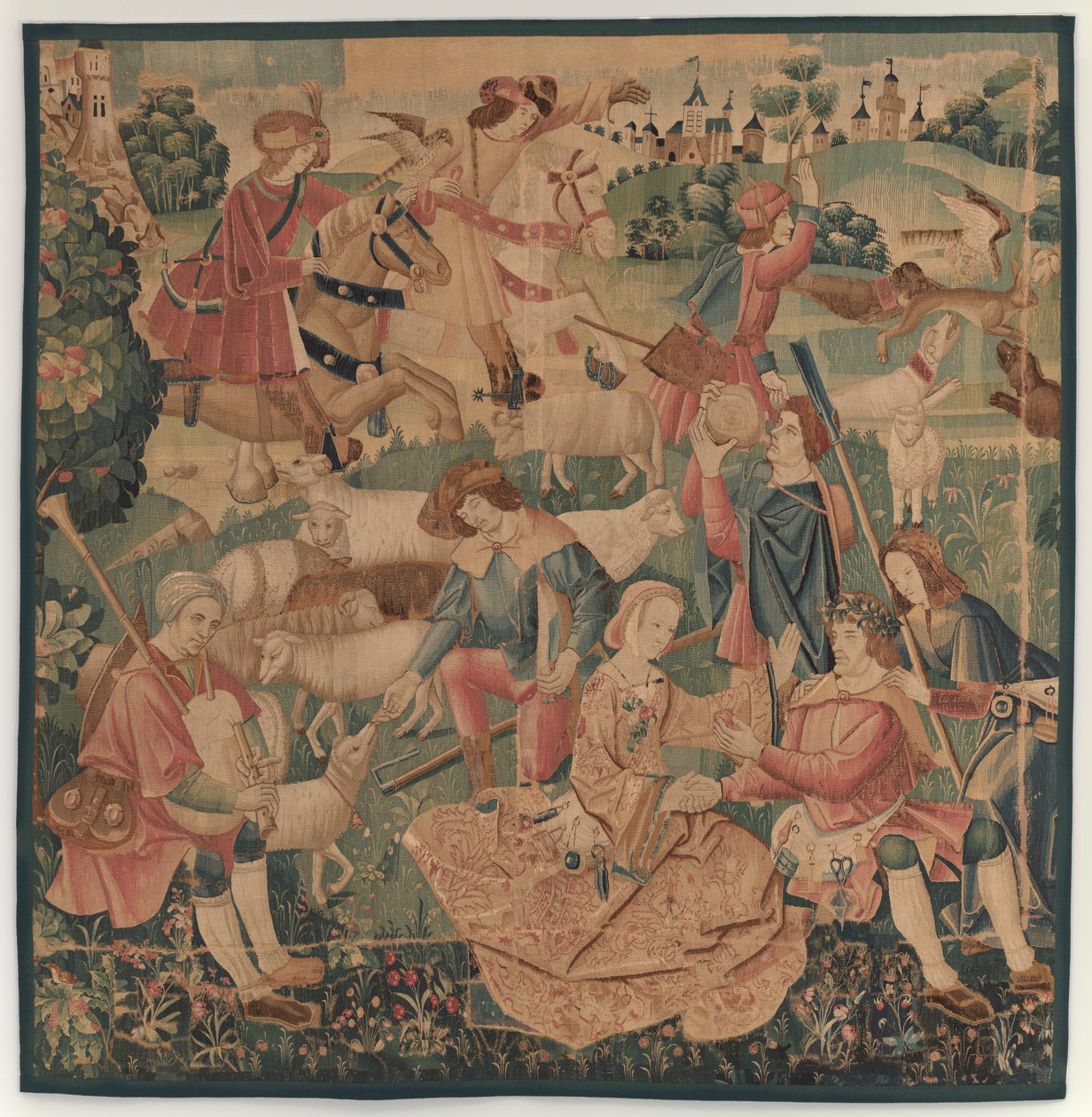 Jagdszenen und pastorale Szenen mit einem bekränzten Helden zwischen Damen von design probably French 16th Century, Paris; woven in southern Netherlands or Paris in an undetermine workshop