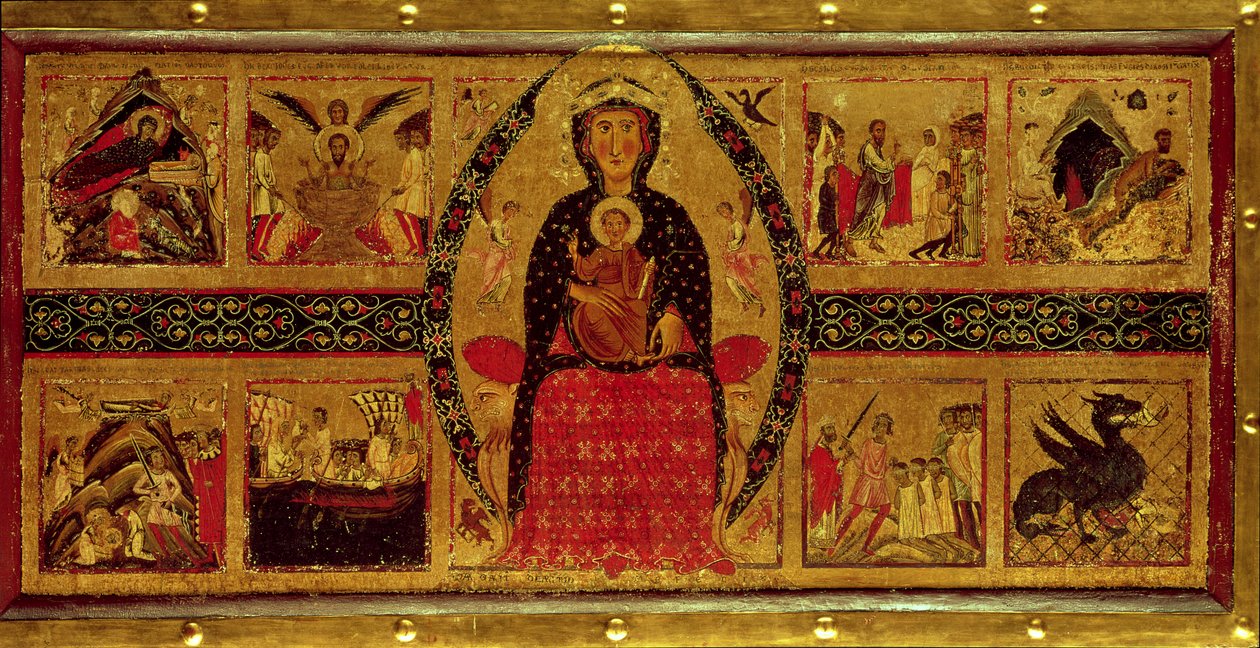 Die Jungfrau und das Kind auf dem Thron, mit Szenen der Geburt Christi und dem Leben der Heiligen, 1260 von di Magnano da Arezzo Margaritone