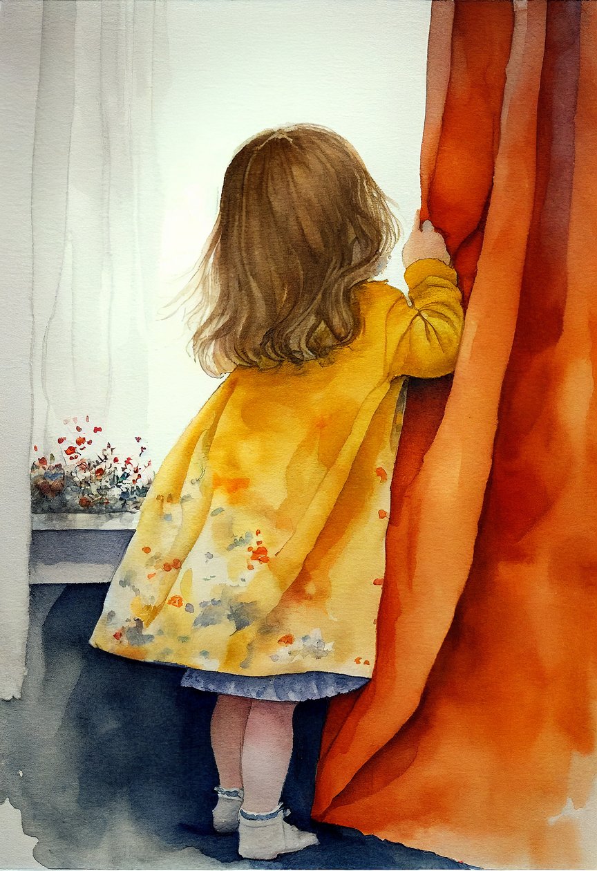 Kleines Mädchen spielt Verstecken, Aquarell von F. Abderrahim