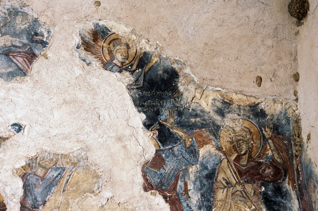 Engel und Heiliger, Detail eines Freskos in der Kirche Agios Georgios Apodoulou, Apodoulou, Kreta, Griechenland (Foto) von Theodore Charles Ange Coquelin