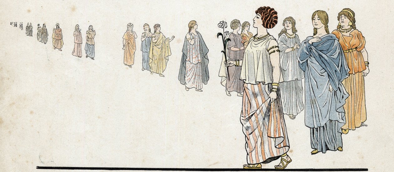 Frauen der „freien Bürger“ tragen ihre Kleider auf der Schulter befestigt und schwere Schmuckstücke an den Armen. In „Frankreich, seine Geschichte erzählt von G. Montorgueil, illustriert von Job“ 1896. Private Sammlung von pseudonym for Onfray de Breville Jacques Job