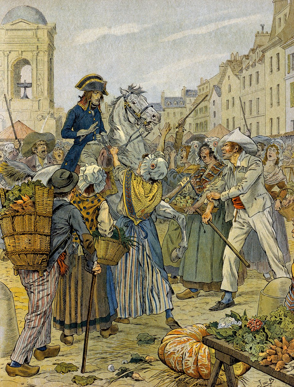 Französische Revolution 1789: Napoleon I. Bonaparte (1769-1821) von der revolutionären Bevölkerung und den Sansculotten in Les Halles unterstützt. Illustration von Jacques Marie Gaston Onfray de Breville dit JOB (1858-1931). Private Sammlung. von pseudonym for Onfray de Breville Jacques Job