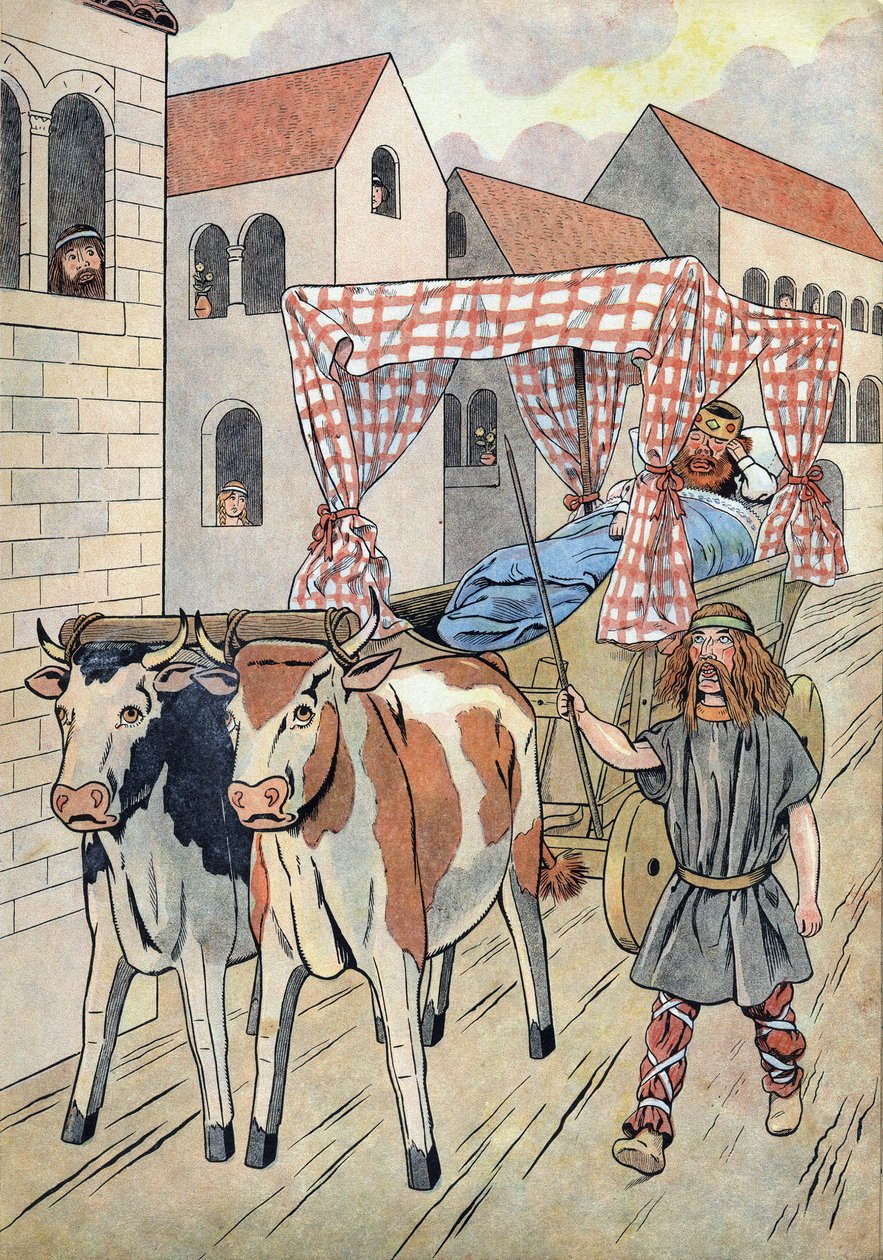 Geschichte Frankreichs. Szene, die faule Könige in Spielzeugen darstellt: König von Frankreich Thierry III. (673-691) fährt in einem Wagen mit einem Bett, das von Ochsen gezogen wird. In „Joujoux à l