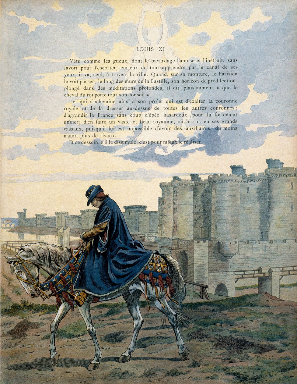 Geschichte Frankreichs im Mittelalter: Der König von Frankreich Ludwig XI., genannt der Kluge (1423-1483), geht durch die Straßen von Paris und vor dem Gefängnis der Bastille ohne Schmuck oder Eskorte. Illustration von Jacques Marie Gaston Onfray de Brevil von pseudonym for Onfray de Breville Jacques Job