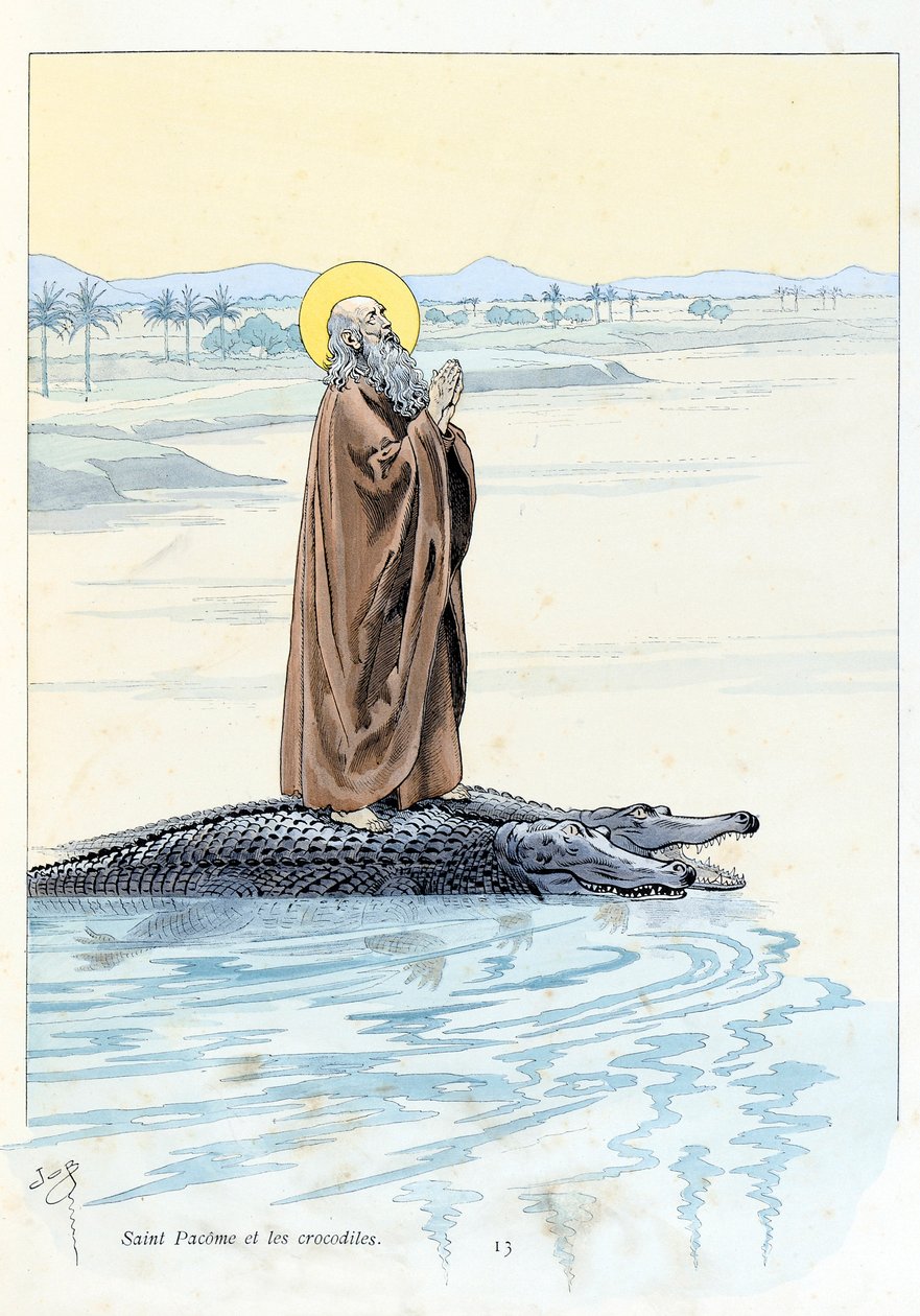 Illustration aus dem Buch „A la gloire des betes“: Saint Pacome und die Krokodile von pseudonym for Onfray de Breville Jacques Job