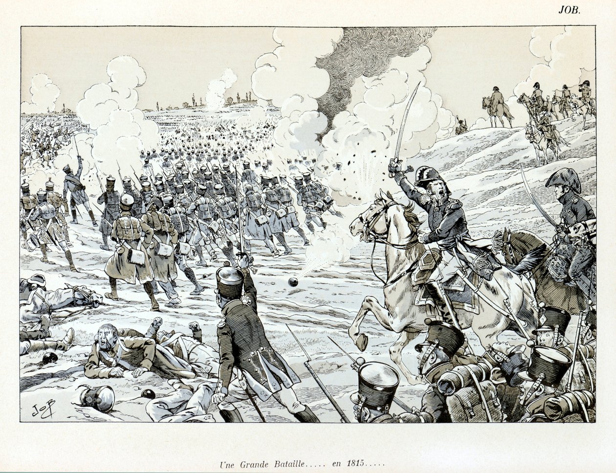 Illustration aus dem Buch „La Grande Guerre par les artistes“: Eine große Schlacht im Jahr 1815 von Jacques Marie Gaston Onfray de Breville dit JOB, Sammlung Teilweise von pseudonym for Onfray de Breville Jacques Job