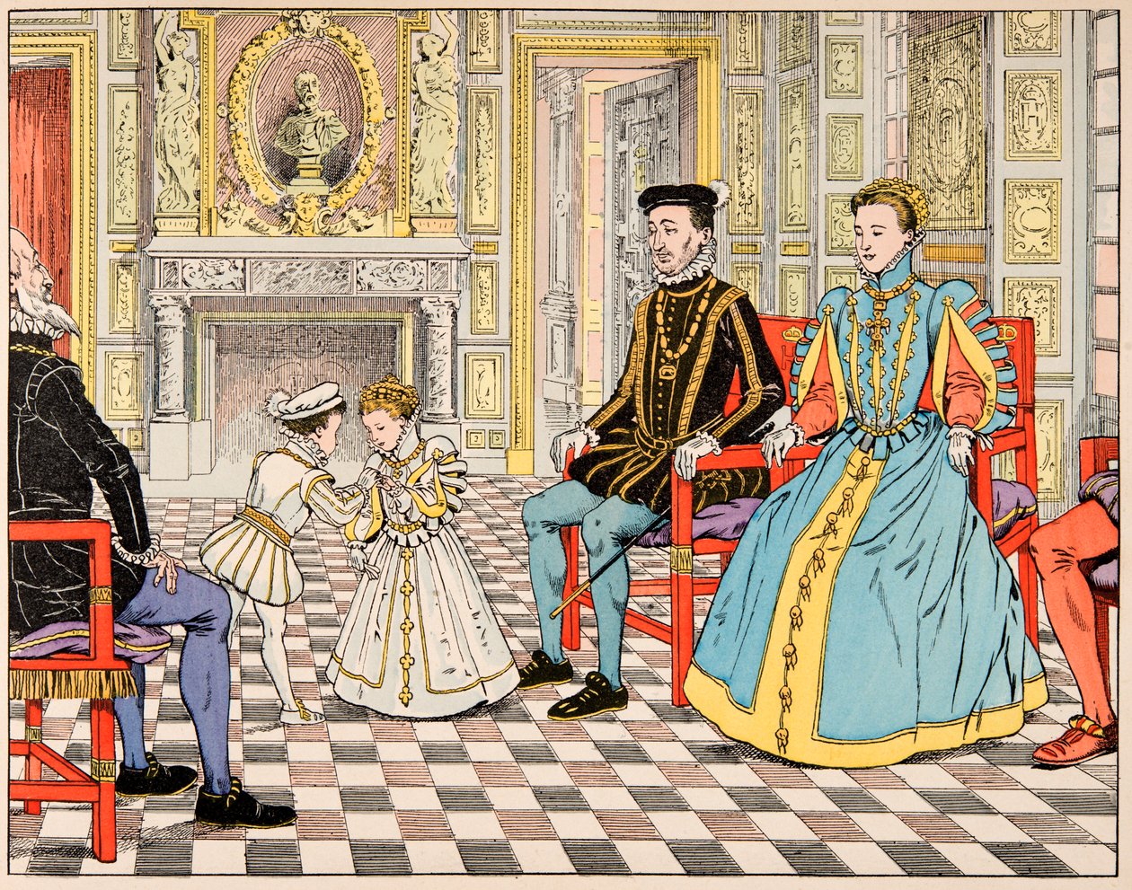 Illustration aus dem Buch „Le bon roy Henri“, illustriert von Jacques Marie Gaston Onfray de Breville dit JOB (1858-1931): Antoine de Bourbon brachte ihn nach Paris und stellte ihn seinem Cousin Henri II vor, der ihm die Hand seiner Tochter Marguerite anbo von pseudonym for Onfray de Breville Jacques Job