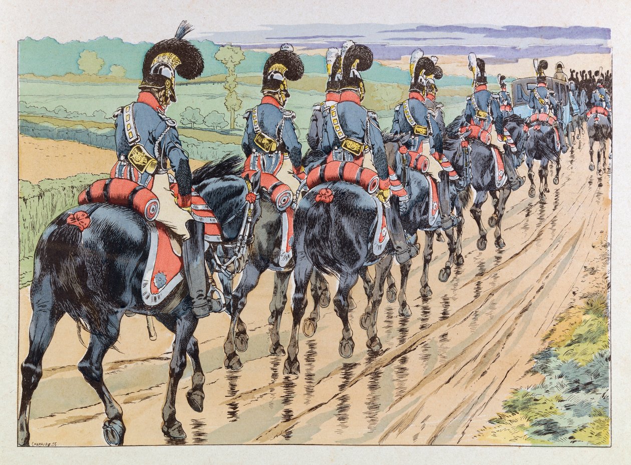 Illustration aus dem Buch „Les épées de France“: Kaiserliche Eskorte begleitet Napoleon von pseudonym for Onfray de Breville Jacques Job