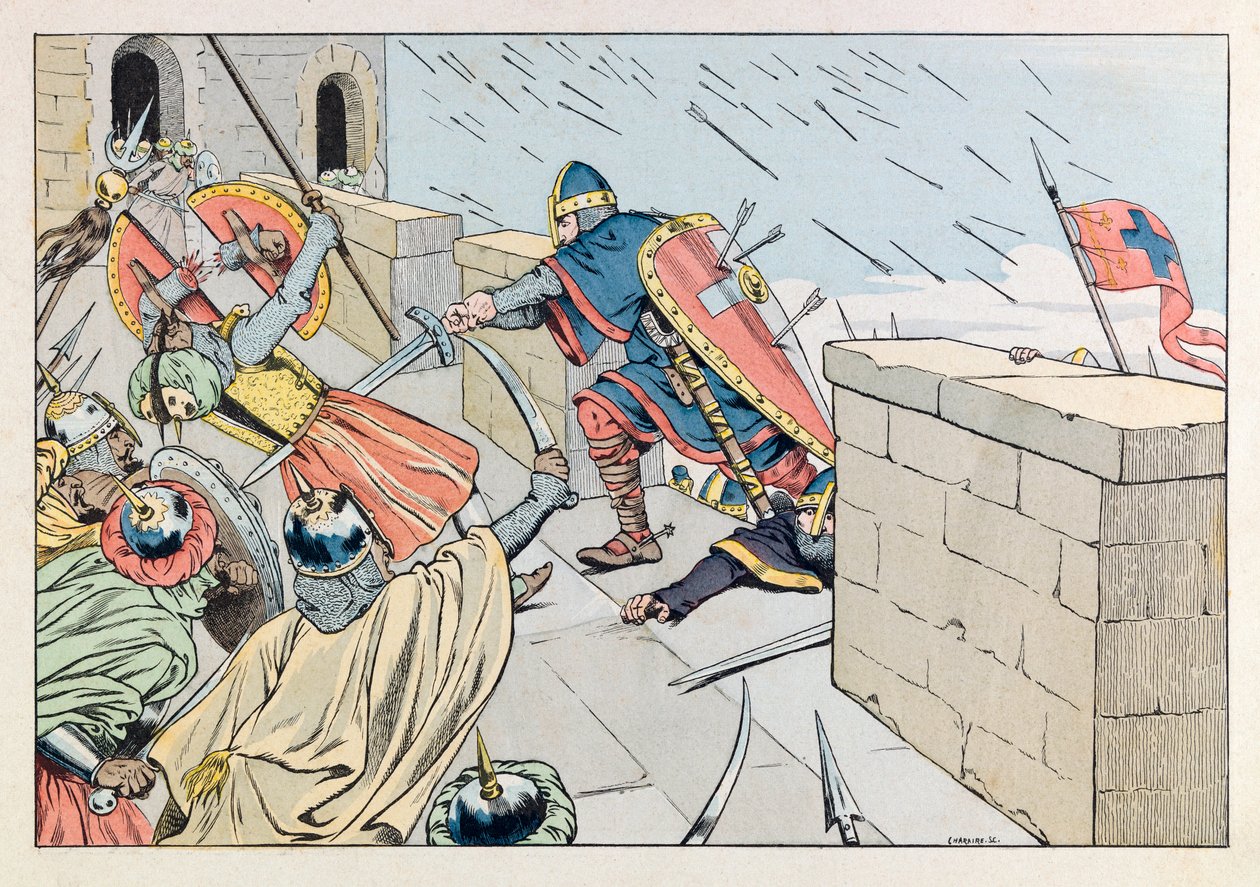 Jacques Marie Gaston Onfray de Breville dit JOB (1858 - 1931); Illustration aus dem Buch „Les epees de France“: Einnahme Jerusalems durch Godefroy de Bouillon im Jahr 1099; Sammlung Teil von pseudonym for Onfray de Breville Jacques Job