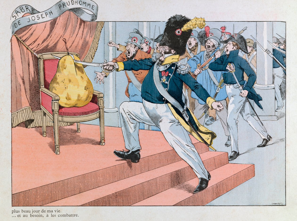 Illustration aus dem Buch „Les épées de France“: Louis Philippe wurde vom Thron vertrieben (Joseph Prudhommes Säbel „Dieser Säbel ist der schönste Tag meines Lebens. Er wird mir dienen, um zu verteidigen...“ von pseudonym for Onfray de Breville Jacques Job