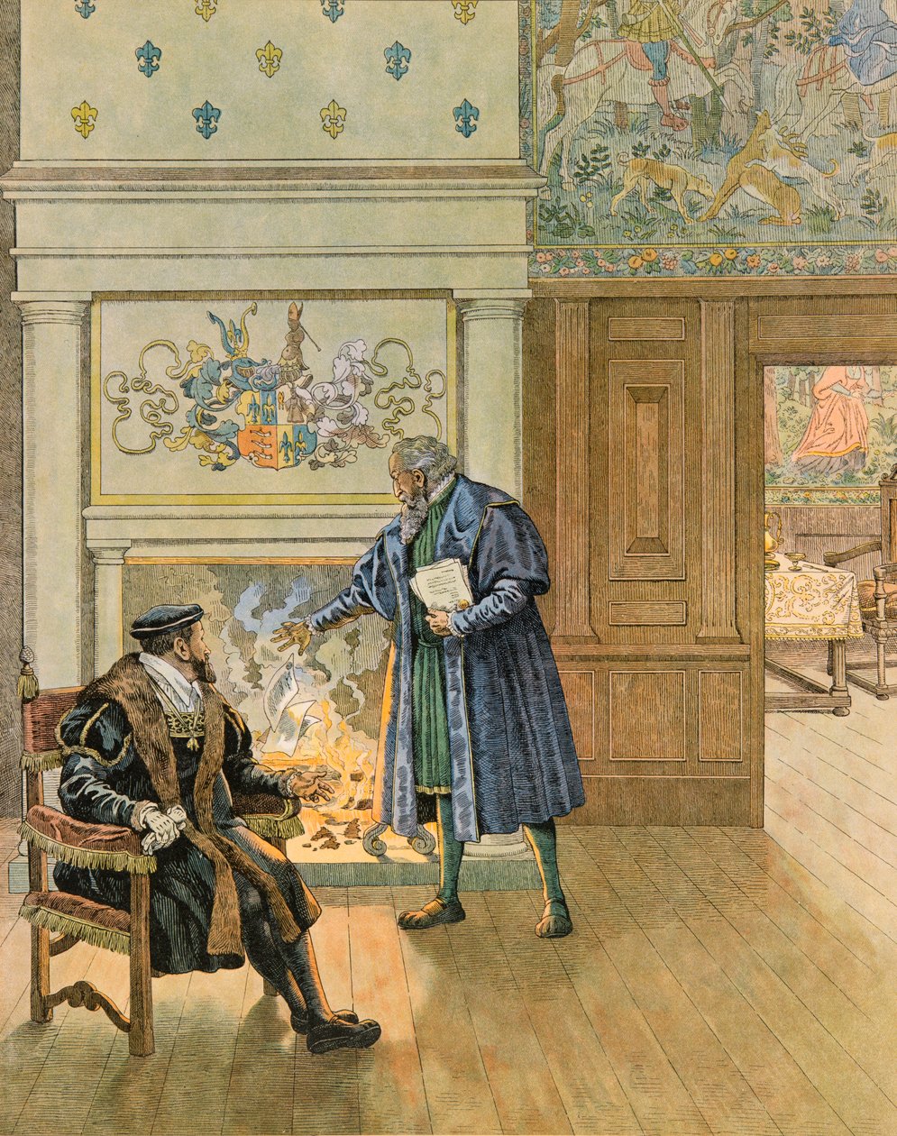 Geschichte Belgiens: Kaiser Karl V. (1500-1558) besucht die großen Kaufleute und Finanziers der Stadt Antwerpen von pseudonym for Onfray de Breville Jacques Job