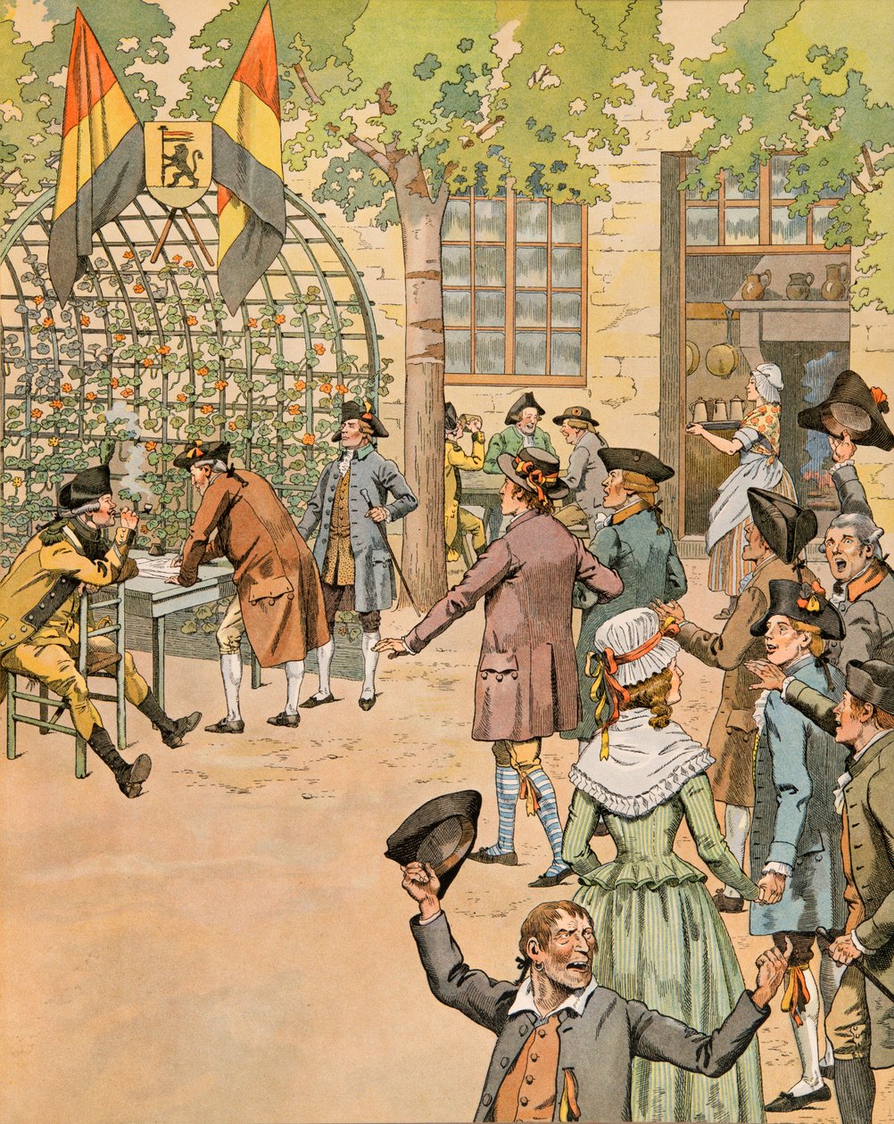 Illustration: Geschichte Belgiens - Rekrutierung von Freiwilligen für die Armee der Patrioten im Café du Coffy von pseudonym for Onfray de Breville Jacques Job