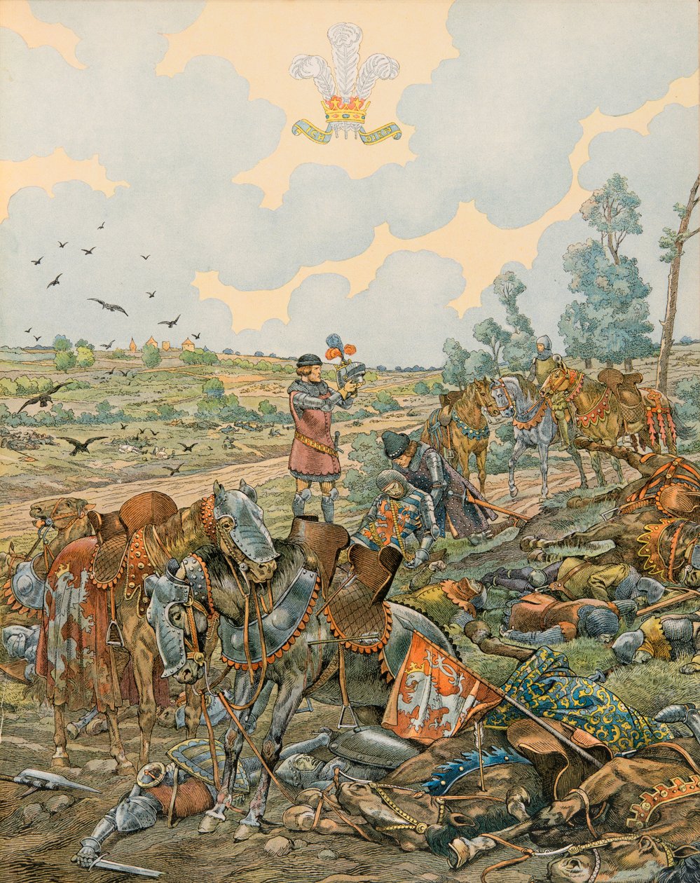 Jacques Marie Gaston Onfroy de Breville dit JOB (1858-1931) - Geschichte Belgiens: Johann I., Graf von Luxemburg genannt der Blinde (1296 - 1346) fällt in der Schlacht von Crécy am 26. August 1346, Privatsammlung von pseudonym for Onfray de Breville Jacques Job