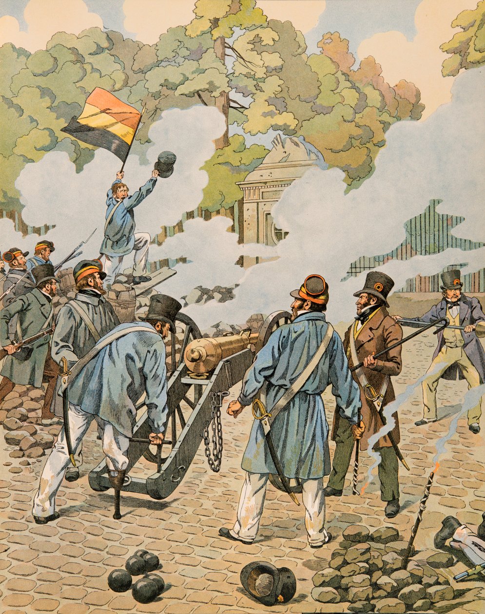 Jacques Marie Gaston Onfroy de Breville dit JOB (1858-1931) - Geschichte Belgiens: Jean Joseph Charlier (1794 - 1866) genannt das Holzbein richtet sein Geschütz gegen die niederländischen Truppen, die im Park von Brüssel im September 1830 versammelt sind,  von pseudonym for Onfray de Breville Jacques Job