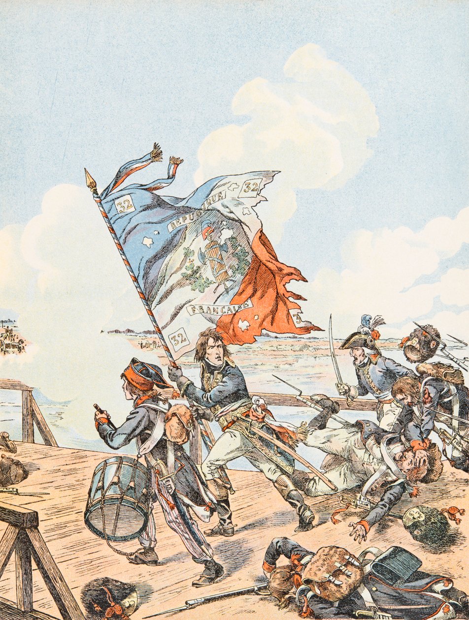 Napoleon Bonaparte an der Brücke von Arcole 1796 von pseudonym for Onfray de Breville Jacques Job