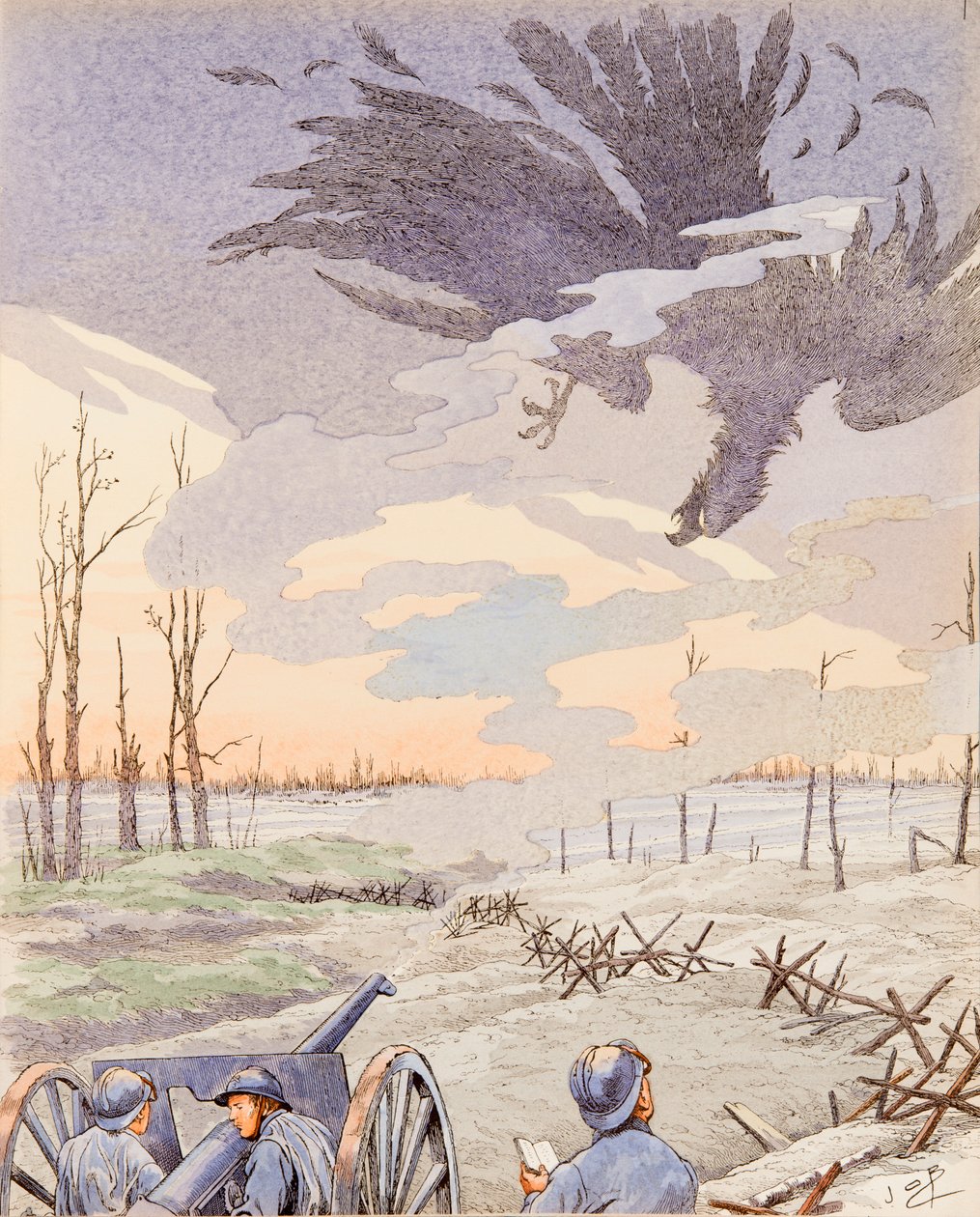Die 75 Kanone (Allegorie der 75 Kanone, die den deutschen Adler während des Ersten Weltkriegs abschießt), Private Sammlung von pseudonym for Onfray de Breville Jacques Job