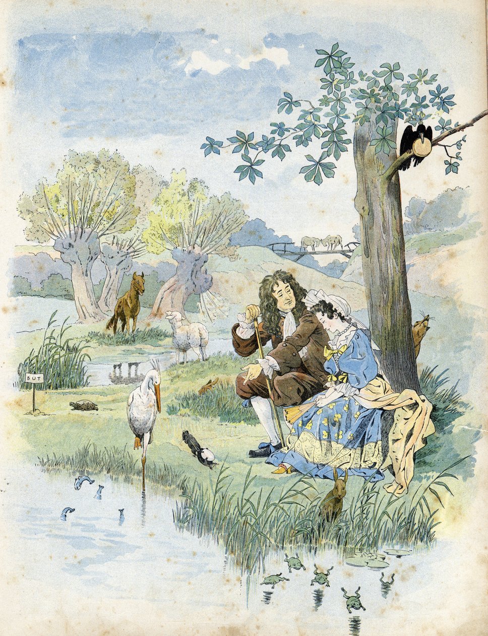 Jean de La Fontaine (1621-1695) spricht mit einem jungen Mädchen. Um sie herum sind Tiere aus den Fabeln des Dichters: Wolf, Lamm, Storch, Schildkröte, Ratte, Frosch, Hase, Fuchs, Rabe... in „Frankreich, seine Geschichte erzählt von G. Montorgueil, illustr von pseudonym for Onfray de Breville Jacques Job