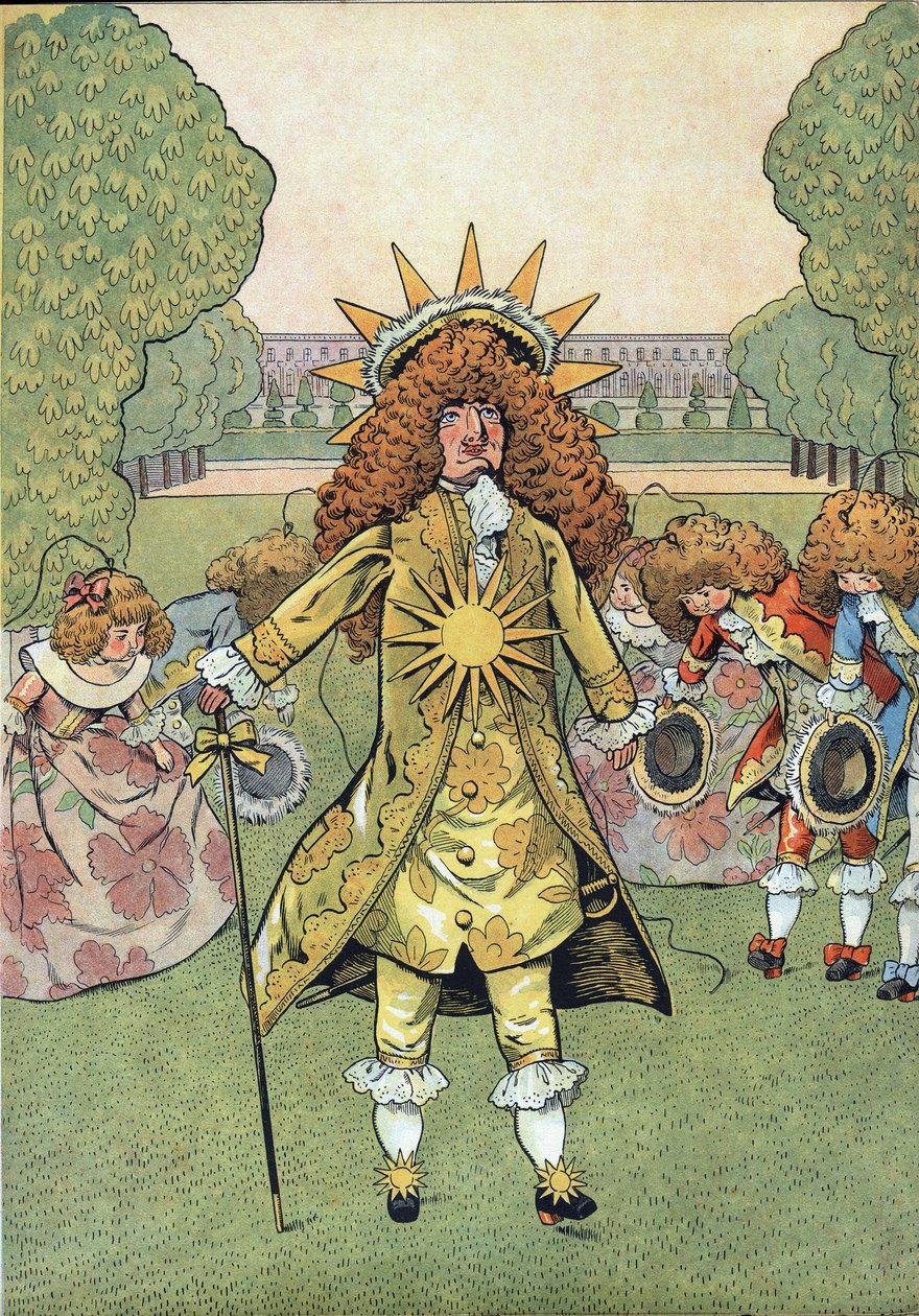 Szene der Geschichte Frankreichs mit Spielzeug: Porträt des Königs von Frankreich Ludwig XIV. (1638-1715), genannt der Sonnenkönig, in den Gärten von Versailles mit seinem Hof, der Reverenz zieht. In 