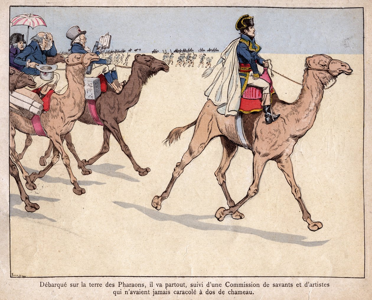Napoleon in Ägypten - Während seiner ägyptischen Kampagne wird er von Gelehrten begleitet, mit denen er die archäologischen Stätten besucht - Lithographie von Job von pseudonym for Onfray de Breville Job