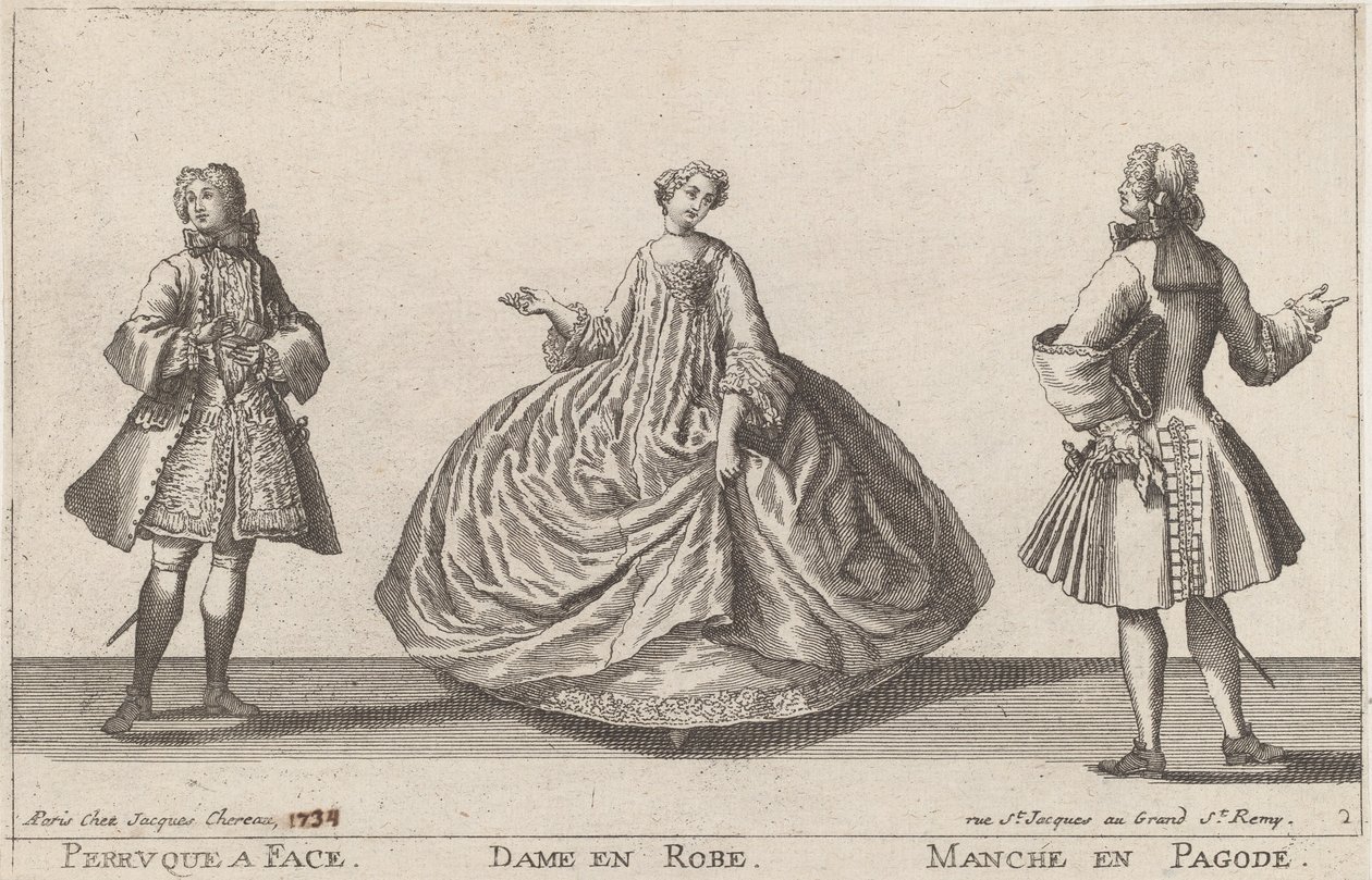 Perücke mit Gesicht/Dame im Kleid/Ärmel im Pagodenstil von published by Jacques Chéreau