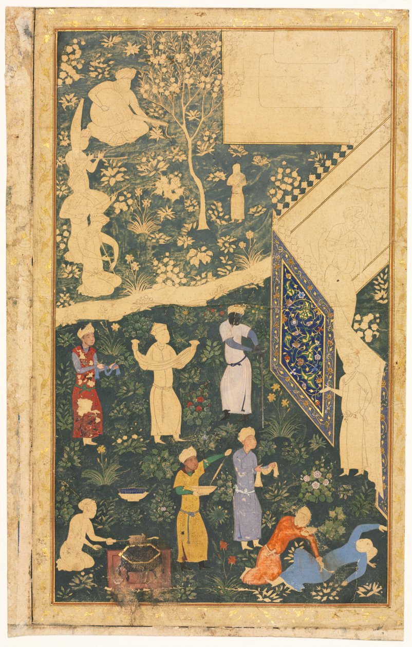 Linke Seite eines doppelseitigen Albumblatts: Vor einem königlichen Lager (recto) von style of Bihzad