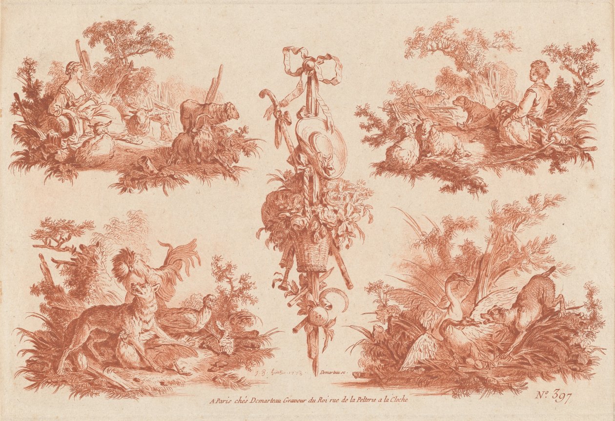 Zwei pastorale Vignetten, zwei Jagdvignetten und eine Trophäe von the Elder and Jean Baptiste Hüet Gilles Demarteau