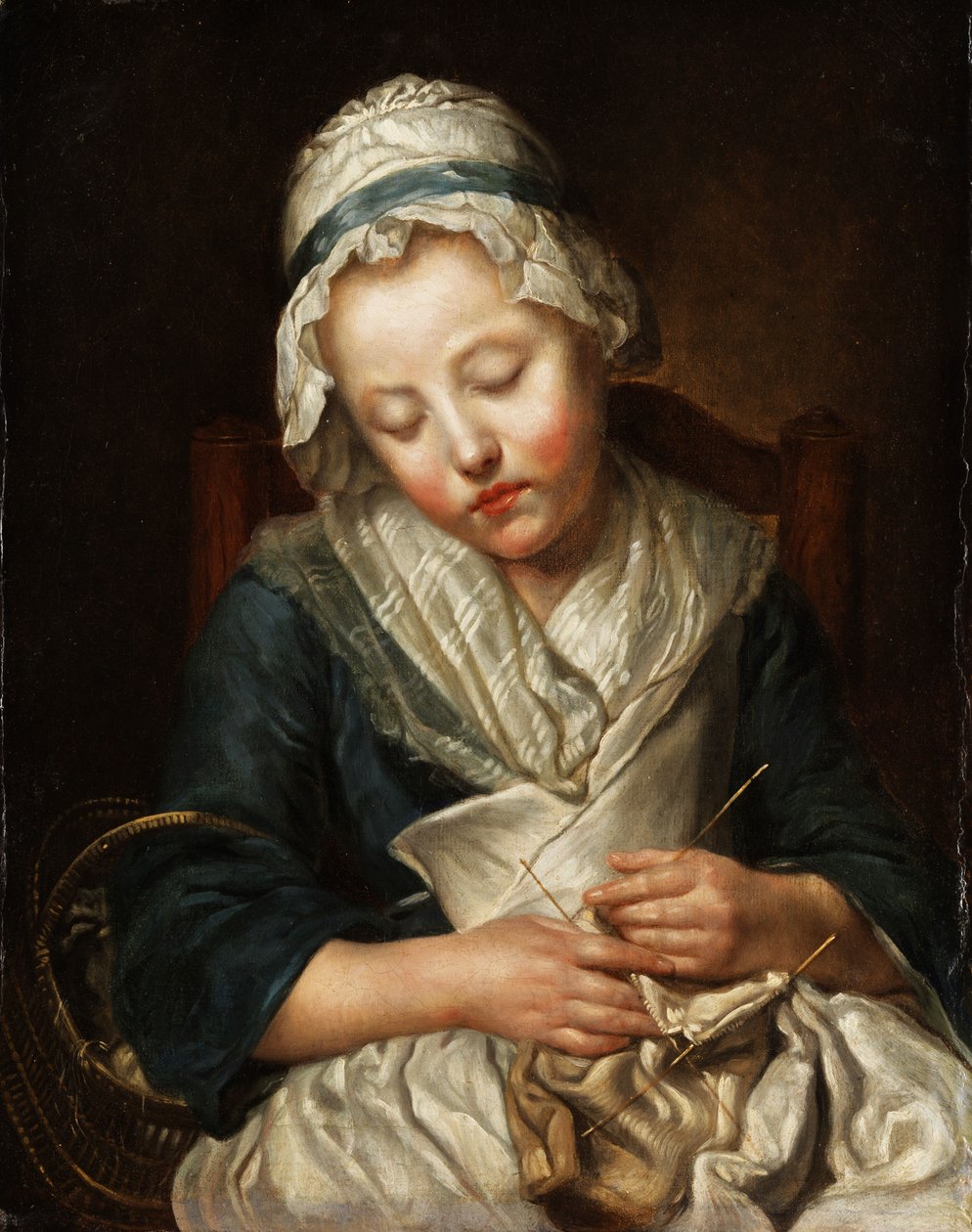 Tricoteuse endormie (Beim Stricken eingeschlafenes Mädchen) von workshop of Jean-Baptiste Greuze