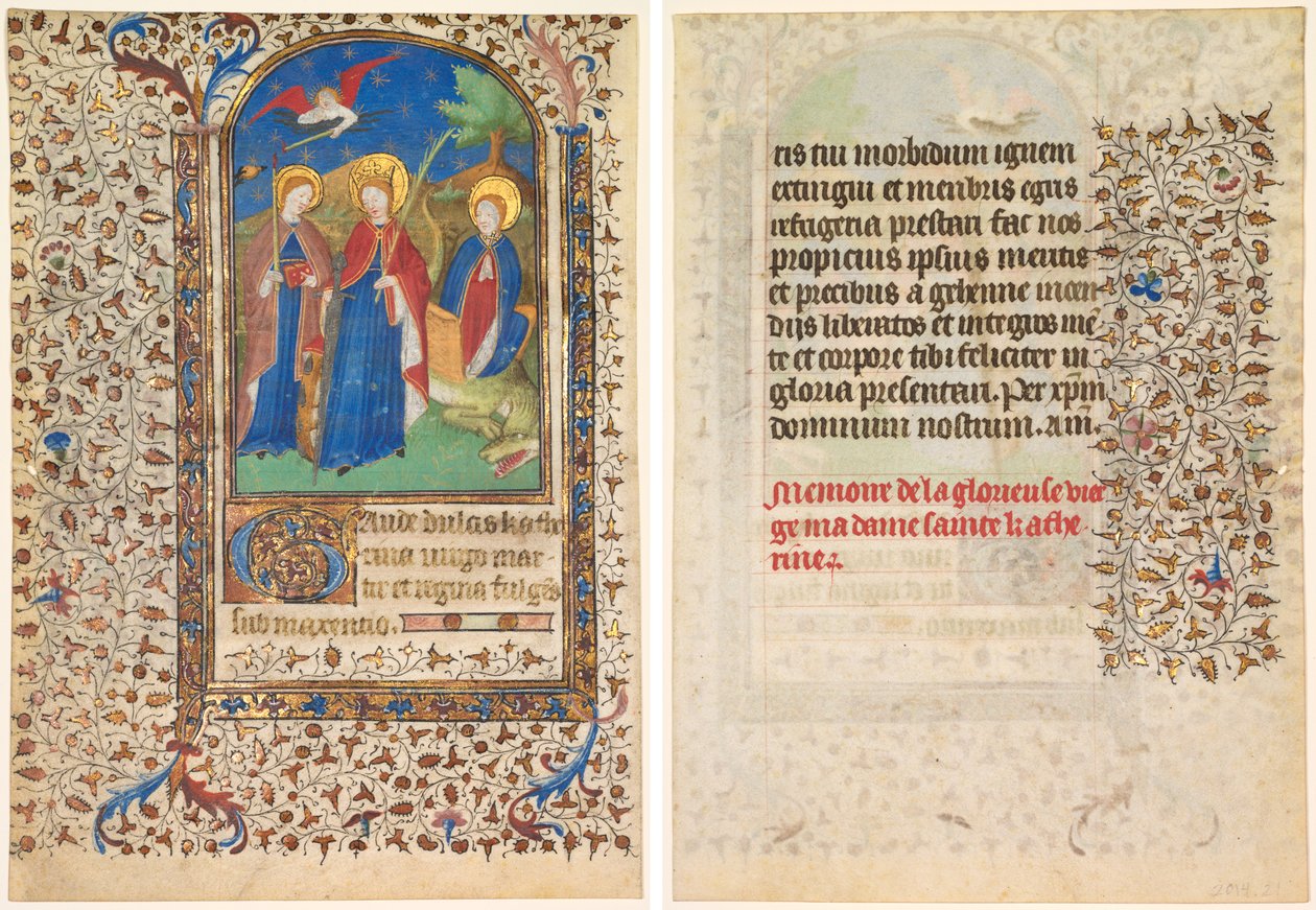 Blatt aus einem Stundenbuch: Heilige Geneviève, Katharina von Alexandria und Margareta (recto) und Text (verso) von workshop of Boucicaut Master