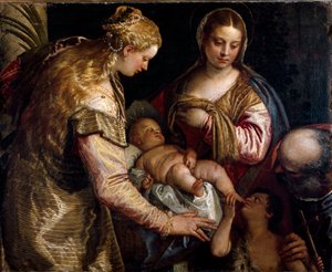 Die Heilige Familie mit der heiligen Barbara und Johannes dem Täufer. Gemälde von Paolo Veronese, ca. 1562 von Veronese