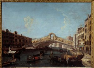 Ansicht der Rialto-Brücke in Venedig Gondeln auf dem Canal Grande. Gemälde von Antonio Canal genannt Canaletto 18. Jahrhundert Nimes, Museum der Schönen Künste von Canaletto