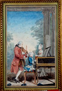 Wolfgang Amadeus Mozart (1756-1791) als Kind, Klavier spielend mit seinem Vater und seiner Schwester