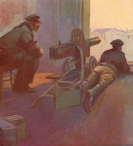 Rote Garden mit einem Maschinengewehr, das aus dem Fenster eines Gebäudes zeigt, Russische Revolution
