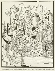 Geoffrey mit dem großen Zahn brennt die Abtei von Maillieres nieder (Gravur) von (after) English School