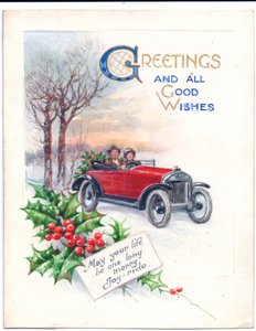 Originalkunstwerk für eine Weihnachtskarte mit einem roten Auto und Stechpalmen, ca. 1951