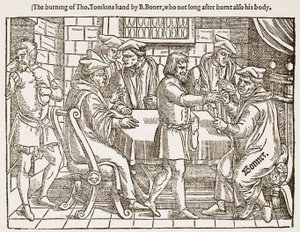 Das Verbrennen der Hand von Tho. Tomkins durch B. Boner, der nicht lange danach auch seinen Körper verbrannte, Illustration aus 