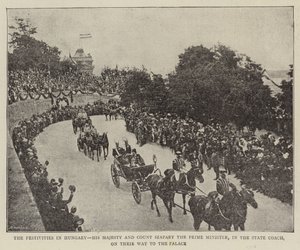 Die Festlichkeiten in Ungarn, Seine Majestät und Graf Szapary, der Premierminister, in der Staatskutsche auf dem Weg zum Palast (s/w Foto) von (after) English photographer
