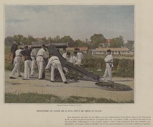 95-mm-Kanone von einem Belagerungslafette absenken und platzieren von (after) French Photographer