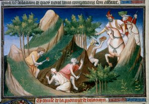 Rubinabbau aus dem Berg Sighinan im Auftrag des Königs von Badakhshan. Miniatur aus Das Buch der Wunder (Devisement of the World, Il Milione) von Marco Polo, illustriert vom Meister von von (and workshop) Boucicaut Master