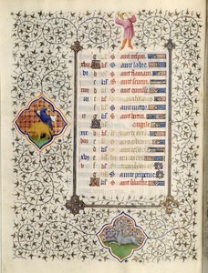 Seite des Manuskripts „Les Très Riches Heures du Duc François de Guise“, illuminiert vom Meister von Boucicaut: Darstellung der Tierkreiszeichen und Alltagsszenen: der Steinbock und die Wildschweinjagd. 15. Jahrhundert. Musée Condé, Chantilly von (and workshop) Boucicaut Master