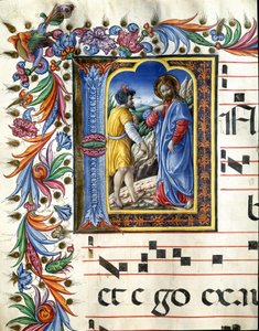 Dekorierte Initiale, die die Versuchung Christi darstellt. Miniatur von Liberale da Verona (1445-1529) aus einem Chorbuch (Cod. 20/5. c.45v) aus der Kathedrale von Siena von (c.1445 1527) Liberale da Verona