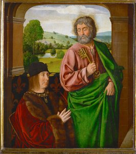 Pierre II, Herr von Beaujeu, Herzog von Bourbon, präsentiert von Sankt Peter