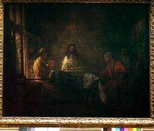 Die Pilger von Emmaus. Christus erscheint den Pilgern, die an einem Tisch in einem Gasthaus in Emmaus sitzen. Gemälde aus der Werkstatt von Rembrandt (1606-1669) von studio of Rembrandt Harmensz. van Rijn