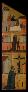 Diptychon des seligen Andrea Gallerani: Die heiligen Frauen erscheinen St. Reginald, Dominikus betet für die Heilung von St. Reginald und Gallerani betet vor dem Kreuz, Innenpaneel links, ca. 1270