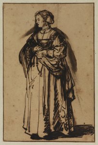 Die Frau des Künstlers, Saskia, stehend und Blumen in den Händen haltend von (workshop of) Rembrandt Harmensz. van Rijn