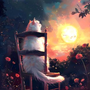 Eine weiße Katze sitzt auf einem alten Holzstuhl und schaut zum Mond von F. Abderrahim