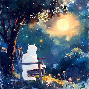Eine weiße Katze sitzt nachts auf einem alten Holzstuhl im Mondlicht von F. Abderrahim