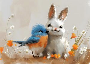 Niedlicher Vogel und Kaninchen Manga-Zeichnung