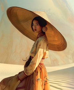 Chinesische Frau in einem gelben Kimono in einer Wüste